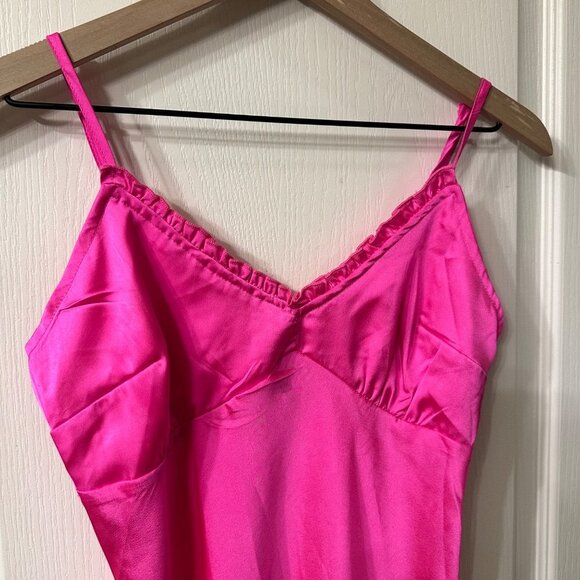 Japna | Hot Pink Sleeveless Satin Midi Slip Dress Side Slit Barbie Small S - Picture 3 of 10